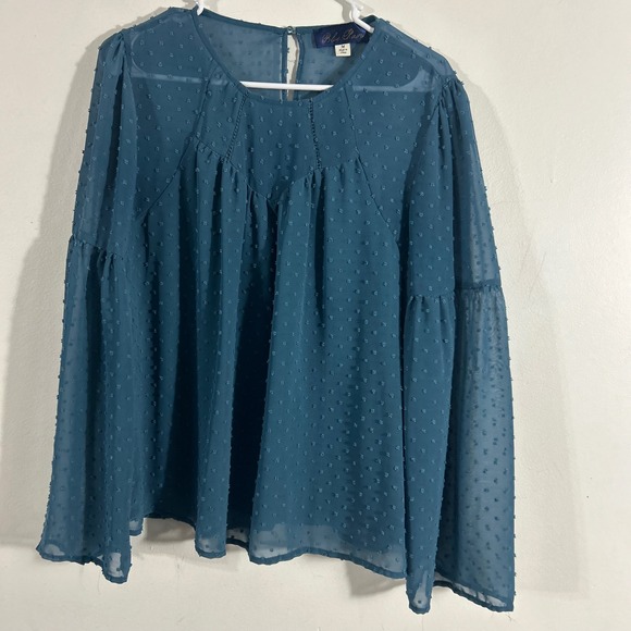 Blue Rain Tops - Blue Rain Swiss Dot Blouse Women Medium Teal  Sheer Bell Sleeve Boho